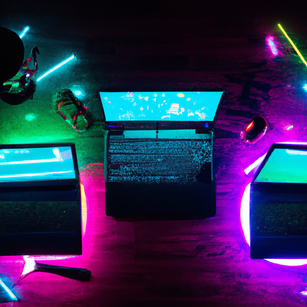 Ночная сессия хакатона с ноутбуками и неоном